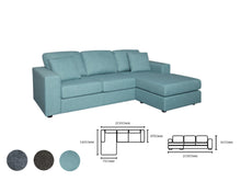 Load image into Gallery viewer, Relax in style and comfort on the Alex 3 Seater Chaise. Made from a soft linen this compact L-Shaped couch offers a smart reversible chaise, able to become Left or Right hand facing to suit your houses needs even if your other furniture changes, so can the Alex.  Available in Charcoal, Steel Blue and Grey.