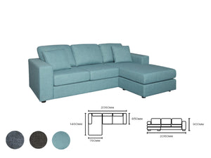 Relax in style and comfort on the Alex 3 Seater Chaise. Made from a soft linen this compact L-Shaped couch offers a smart reversible chaise, able to become Left or Right hand facing to suit your houses needs even if your other furniture changes, so can the Alex.  Available in Charcoal, Steel Blue and Grey.