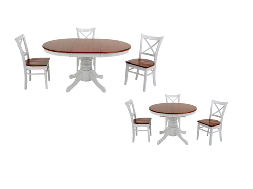 The Benowa is a lovely Round Oak Timber table with an Antique Oak finish or a White Base and Antique Oak Top finish. Coming in a Solid Design or Extendable table design this table is a flexible option for those who want or need the extra space or want to keep it simple and compact.  Accompanying the 42” Round Table are 4 sturdy seats which can come with Timber bases or an upholstered microfibre cushion ontop of the base at no extra cost.