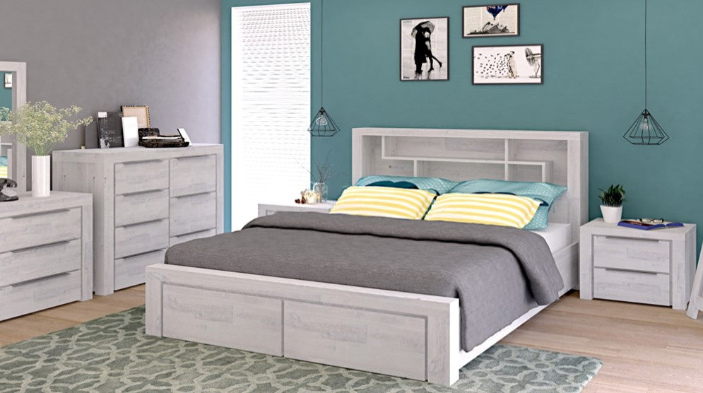 The Cromwell is a Beautifully made White wash Full timber Frame featuring 2 Storage Drawers in the foot of the bed, Bookshelf Feature Head board and  full Timber Slats.    * 4pce Packages includes 1x Queen Bedframe, 2x Bedsides and 1x Tallboy or 1x Dressing Table.     *5pce Package includes 1x Queen Frame, 2x Bedsides, 1x Tallboy & 1x Dressing Table        Dimensions  Height 120cm  Width  165cm  Depth 237cm
