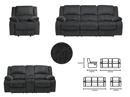 Built for luxury, the David reclining Suite whether it a Single Rocker, 3 Seater or 2 Seater Recliner  with center console this one lets you kick back in reliable style. The thick, softly textured chenille upholstery provides a comfy surface to lounge on. Bustle back construction and thickly cushioned armrests, Pull tab reclining motion Attached cushions High-resiliency foam cushions wrapped in thick poly fiber Center console with storage and 2 cup holders (2 Seater with Console Only)