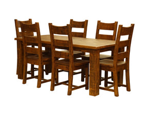 The Stunning Flinders dining set is a gorgeous NZ Pine Timber Dining set with high backed chairs and a sturdy table with robust legs, it is sure to last a long time and give your home a rustic and homely feel.  Pick your Flinders dining table today or finish the house off with the 12pce Living package. Available in 7pce and 9pce Dining sets.    7pc table size 180cm x 90cm  9pc table size 210cm x 100cm  **ONLINE PRODUCT ONLY**