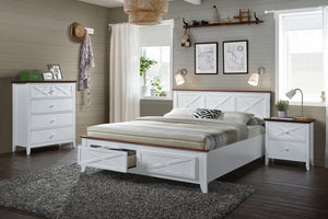 If you’re looking for a Hamptons style bed with a modern touch then the Arcadia is the bed for you. Boasting the gorgeous white and natural unique hamptons look, this bed also includes a well sized headboard along with end drawer storage for extra blankets or clothes and anything between. Accompanied by Timber slats to keep you supported this is sure to be the feature piece of any bedroom.  The Arcadia set also offers bedside tables and Tallboy to complete this modern revamp of the well loved Hamptons look.