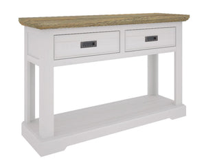 The Hamptons Range is made from Beautiful strong timber Featuring white wash and Timber look, Featuring 2x Drawers on ball bearing runners and a convenient shelf at the bottom for extra storage!     The Hamptons Hall Table comes fully assembled!     1250x380x800mm  *ONLINE PRODUCT ONLY