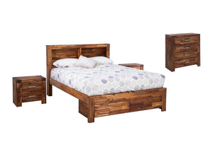 The Harry bed frame is made with beautiful brushed Acacia Wood, solid FSC certified timber and Strong LVL Bed slats. It comes with handy under-bed drawers and an inbuilt bookshelf in the headboard. This Rustic Style is that perfect feature piece boasting a 1200mm High headboard. Made in Timber veneer.  Bedsides - 595x415x550mm  Tallboy - 960x415x1030mm  - 4pc package includes a Harry Frame, 2 side tables and a tallboy.