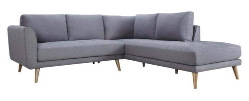 The Clayton suite is a gorgeous modern style corner with a chaise featuring solid oak timber legs, Removable back cushions, and a solid timber frame. This stunner is made with high quality soft fabric. The Clayton is available in Grey LHF & RHF chaise and Light Grey RHF only. 2470x2300mm RHF Light Grey Pictured