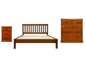 With a simple and rustic look, the James adds a homely feel to any bedroom, made from NZ Pine timber, brushed with an antique oak finish. Featuring an Open Headboard design and timber slats for sturdiness and comfort. Its sure to be a great fit for anyone looking for the rustic and homely look and feel for their bedroom.  Finish the set with accompanying side tables and tallboy with metal ring handles. Products can be purchased individually or as package deals.  **ONLINE PRODUCT ONLY**