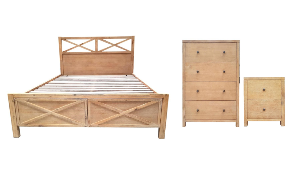 Brighten up any room with this Lovely Acacia Timber Bed Frame. The Alleria is a Light Ash Silver Finished Wooden bed frame with an open design headboard and Drawers at the foot of the bed for extra storage. Accompanying the Alleria are Full timber slats to keep you supported and comfortable.  Complete the set today with matching Bedside tables and Tallboy.  **ONLINE PRODUCT ONLY**     *4Pce Package Includes the Following  1x King Frame  1x Tallboy  2x Bedside Tables