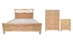 Brighten up any room with this Lovely Acacia Timber Bed Frame. The Alleria is a Light Ash Silver Finished Wooden bed frame with an open design headboard and Drawers at the foot of the bed for extra storage. Accompanying the Alleria are Full timber slats to keep you supported and comfortable.  Complete the set today with matching Bedside tables and Tallboy.  **ONLINE PRODUCT ONLY**     *4Pce Package Includes the Following  1x Queen Frame  1x Tallboy  2x Bedside Tables