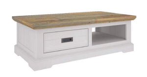 The Hamptons Range is made from Beautiful strong timber Featuring white wash and Timber look, Featuring a double sided drawer for that extra storage and a convenient magazine shelf!  The Hamptons Coffee Table come fully assembled!  1200x700x410mm  *ONLINE PRODUCT ONLY 