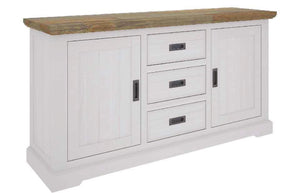 The Hamptons Range is made from Beautiful strong timber Featuring white wash and Timber look, It features 2x Doors with Shelving and 3x convenient drawers one ball bearing runners! This Buffet comes already fully assembled!!   1640x470x850mm  *ONLINE PRODUCT ONLY
