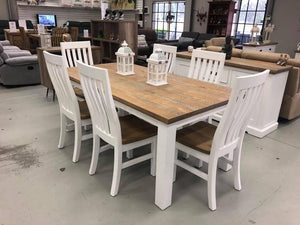 The Hamptons Range is made from Beautiful strong timber Featuring white wash and Timber look, It's Solid pine meaning it is very Sturdy,  Dining Chairs come fully assembled featuring a solid seat base with seat and back contouring for extra comfort.  Includes  1x Dining Table  6x Dining Chairs   Dining Table Measurements are as follows - 1900x1000mm  
