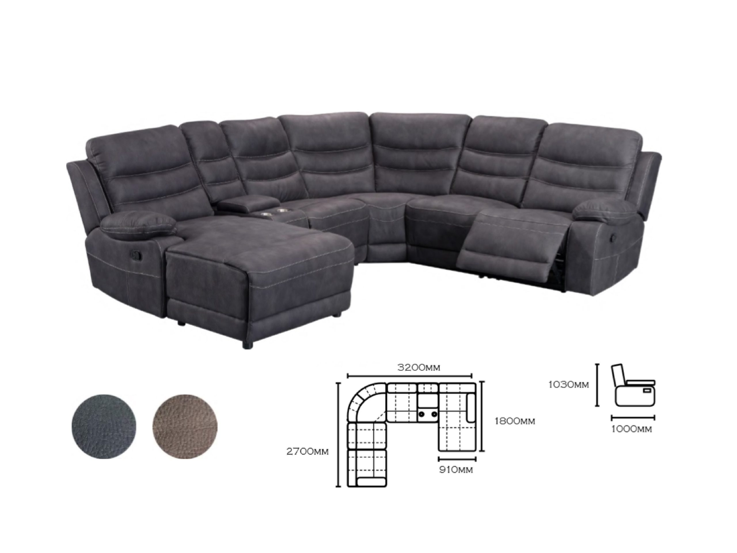 Modular corner with 3 Recliners  - Rhino Suede  - Available is left/right config  - Console with cup holders and storage  - Available in Truffle and Charcoal