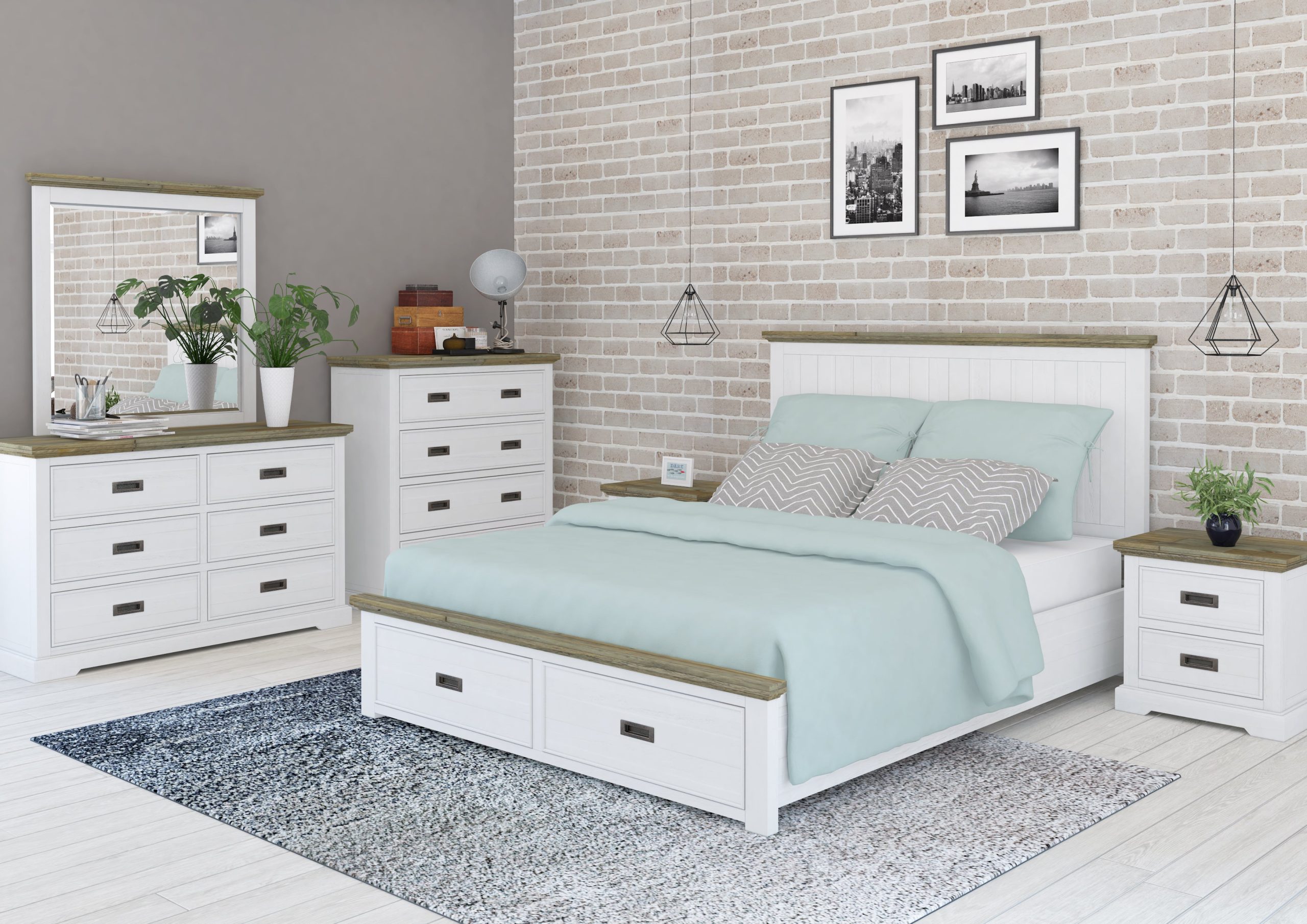 This Frame is sure to Catch anyone's eye, Featuring a white wash and natural timber Structure with Large Roomy Drawers at the foot end for Extra Storage and Full Timber Slats. This one is Made to Last!!  Measurements - Frame - 1200mm x 1982mm x 2164mm Tallboy - 1000mm x 450mm x 1100mm Dresser - 1825mm x 450mm x 1350mm Bedside - 550mm x 420mm x 550mm