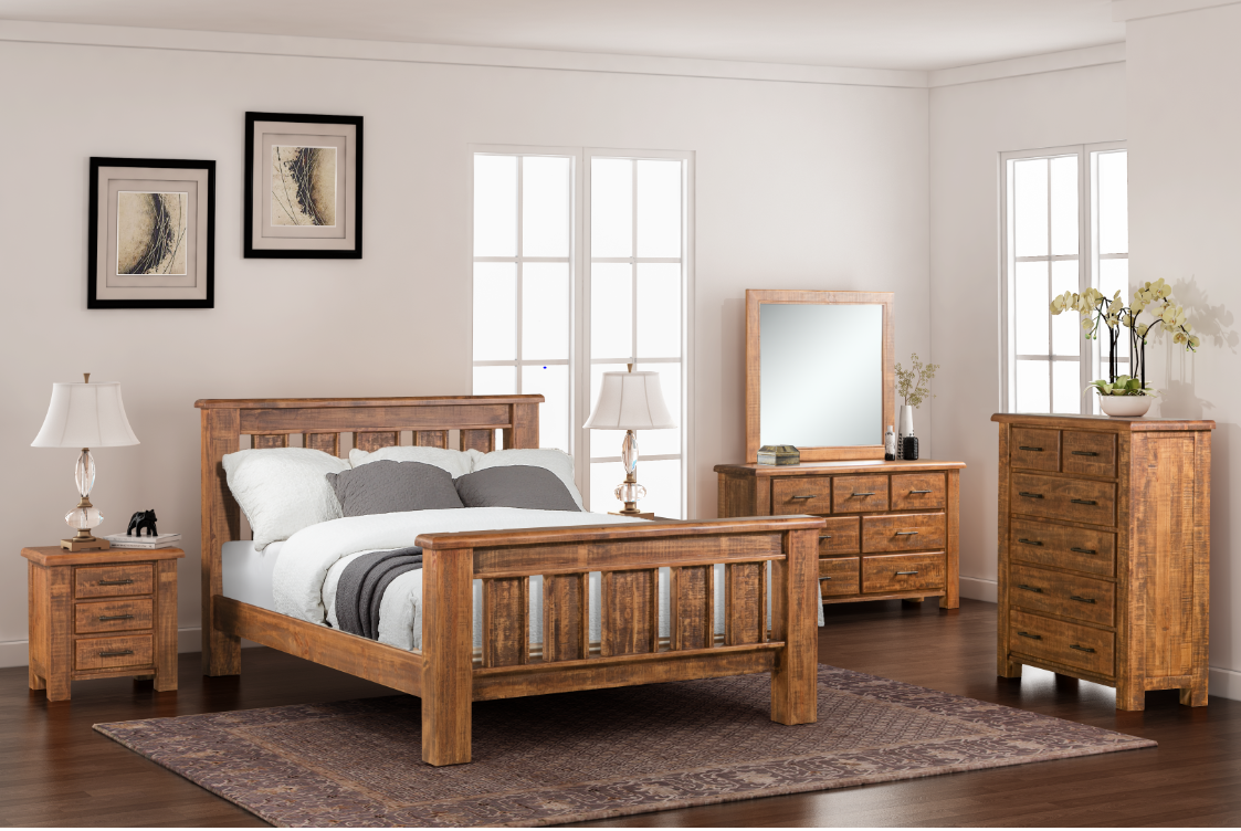 The Flinders wooden frame is a beautiful and homely designed bed made from a sturdy N.Z. Pine timber that has solid timber slats that support any mattress and backs the sturdy look the Flinders presents.  The Flinders frame has a lovely high-backed headboard and sits above the ground nicely for any under bed storage that is needed. Make any house into a home with this gorgeous Rustic style Frame. 4pc package also available